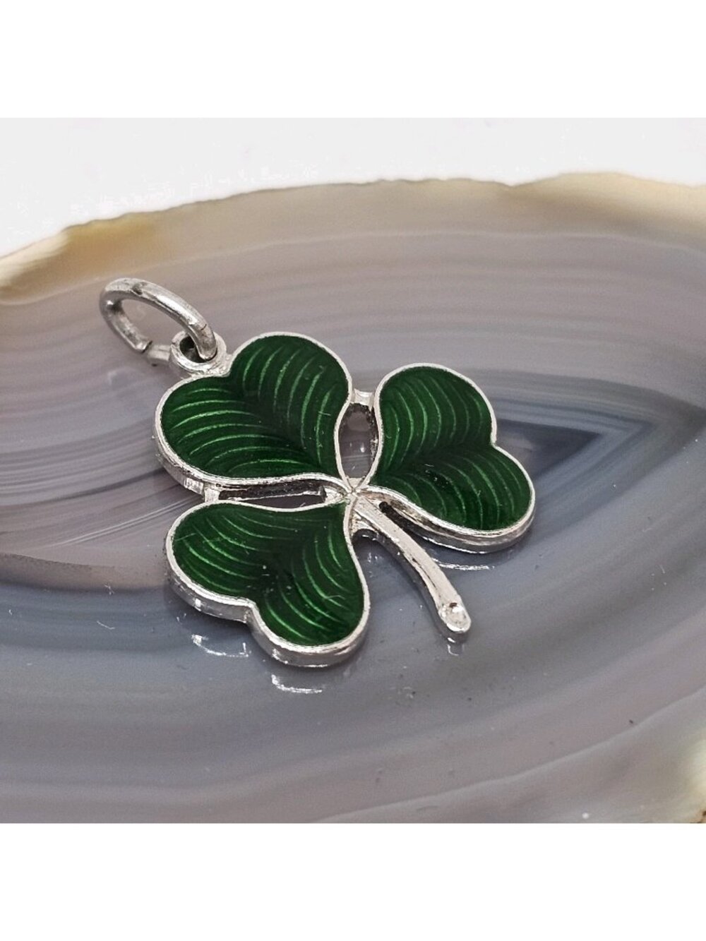 Vintage 925 Sterling Silver Enamel Green Shamrock Clover Leaf Charm Pendant